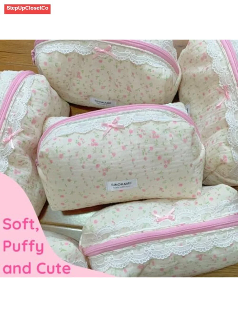 Handmade Quilted Cotton Makeup Bag Floral Bow Cute Cosmetic Pouch